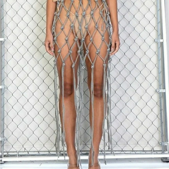 Denim Fishnet Fringed Cover Up Dress - Picture 5 of 5